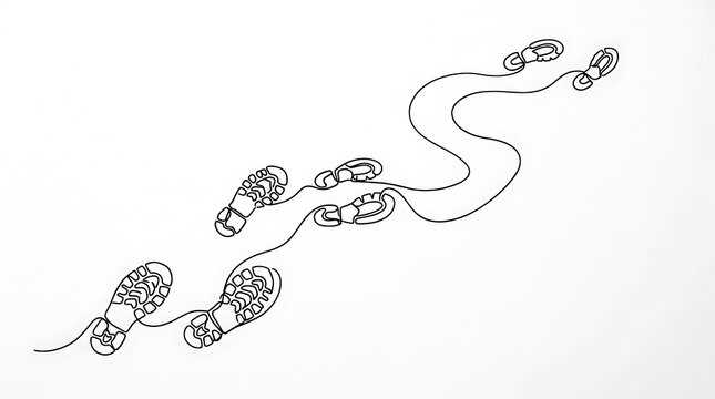 Continuous line art of human footprints walking in a path with footprints direction movement tracking minimalist