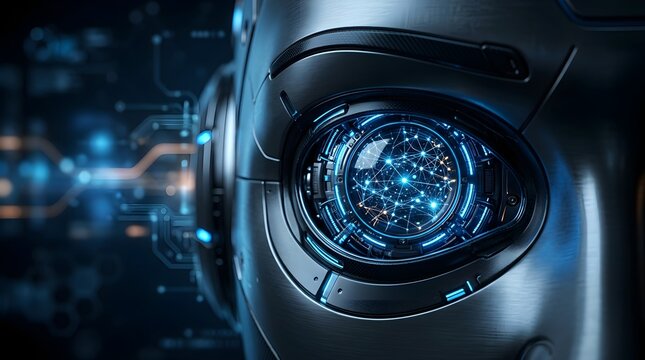A sharp close-up view of a robotic humanoid eye with glowing blue neural network patterns, optical lens, and digital interface HUD elements in background.