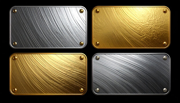 Four blank square metallic embossed stickers with rounded corners and raised 3D relief texture, mockup template