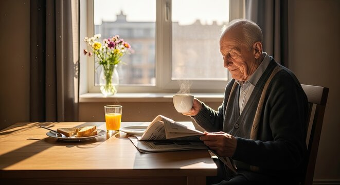 An elderly man reading a newspaper at a table with a cup of coffee and a plate of food.