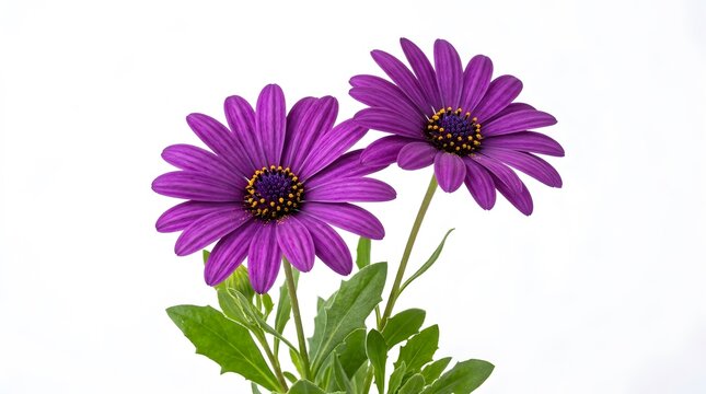 Two purple osteospermum daisy flowers isolated on a white background