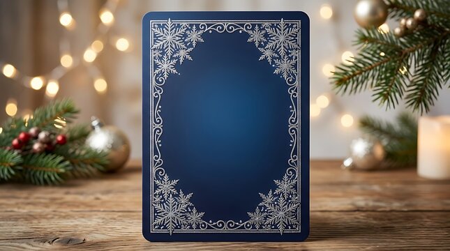 Vertical christmas card with silver snowflake border on a dark blue background.