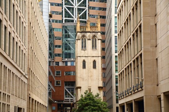St Alban, Wood Street. Church tower street view in City of London. Landmarks of London UK.