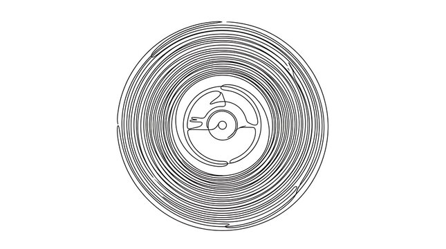 Continuous single line drawing of a vinyl record showing grooves and circular patterns with continuous