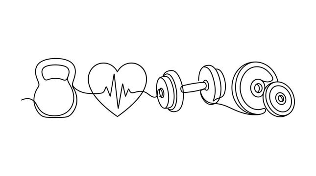 Continuous single line drawing depicting fitness equipment including kettlebell heart and dumbbells with kettlebell