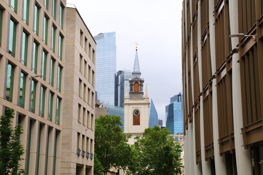 City of London street view with church of St Lawrence Jewry next Guildhall. Landmarks of London UK.