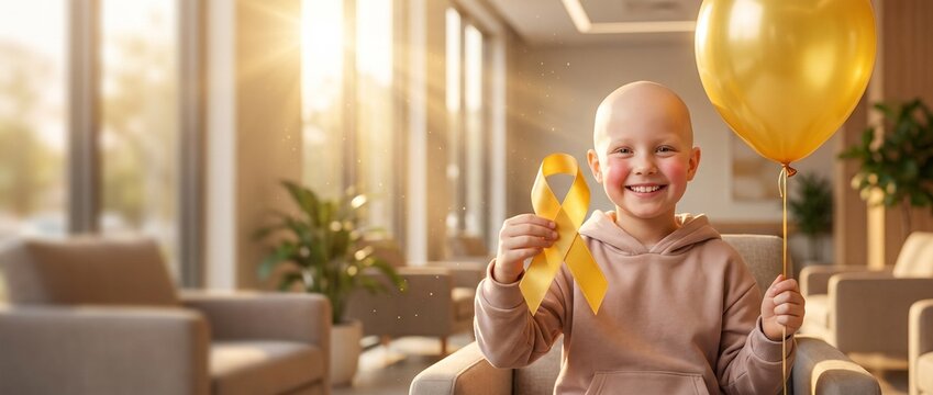 Smiling bald child cancer survivor holding golden awareness ribbon and yellow balloon in warm sunlit clinic lounge, childhood cancer awareness month concept of hope and recovery