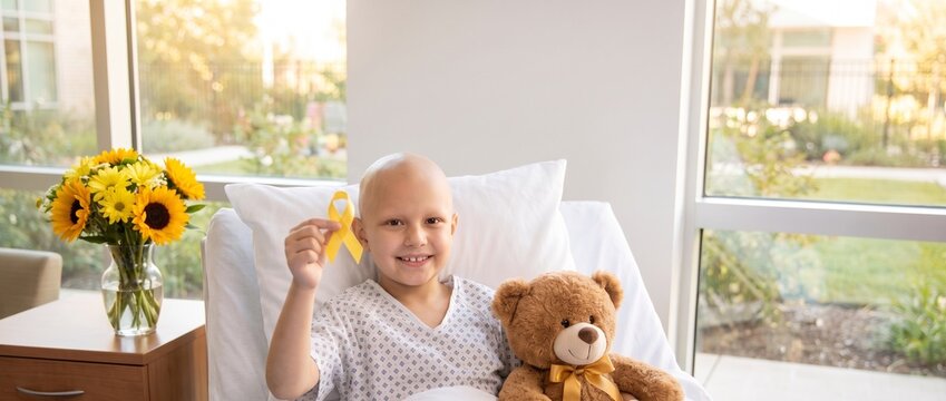 bald child in hospital gown holding golden ribbon on hospital bed with sunflowers and teddy bear, childhood cancer awareness month, hope and care in pediatric oncology ward.