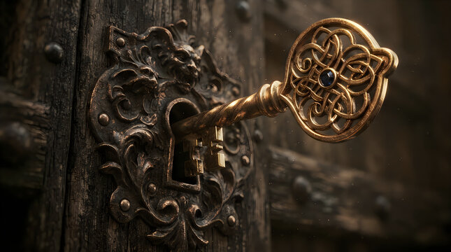 Ornate golden keyhole and key on a dark weathered wooden door background