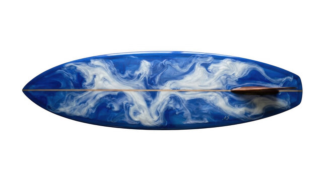 Blue surfboard with a white ocean wave pattern design for summer water sports and surfing activities isolated on transparent background