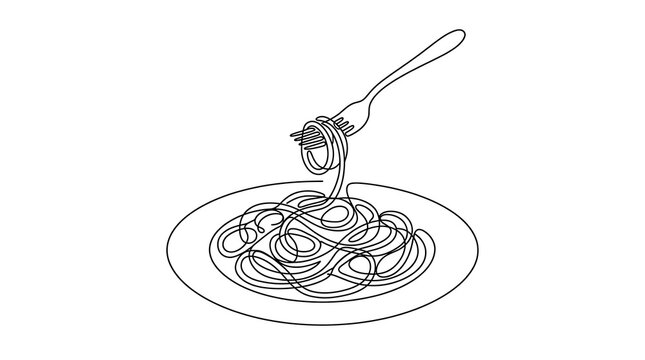 Continuous line art drawing of a fork twirling spaghetti on a plate with spaghetti continuous culinary minimalist
