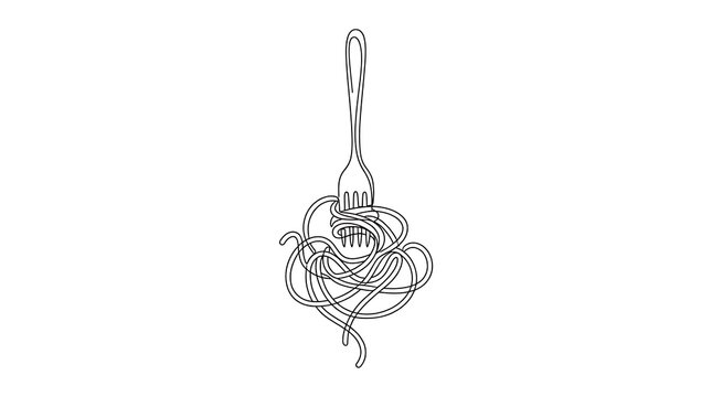 Continuous line art illustration of a fork lifting a portion of spaghetti with spaghetti continuous culinary minimalist