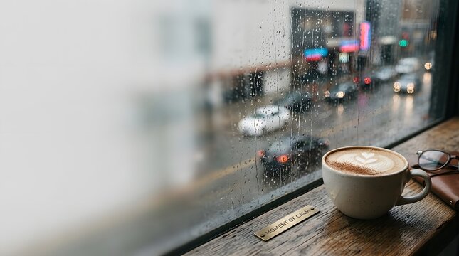 Cozy coffee cup on windowsill with rainy cityscape outside