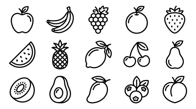 Collection of various fresh fruit line icons isolated on white background with nutrition vegetarian strawberry