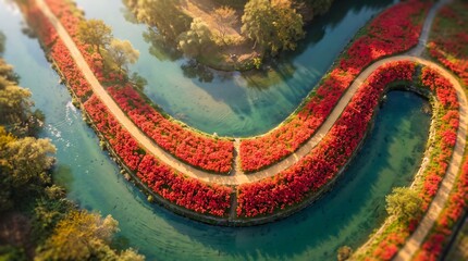 Obraz premium Aerial View of Red Spider Lilies Along River on Japan Autumnal Equinox Day