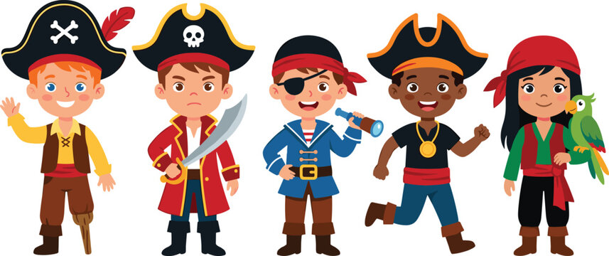 Cute Cartoon Kids Pirate Character Vector Set featuring Little Boys and Girls in Costumes with Sword Parrot and Spyglass for Birthday Party Designs