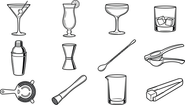 Hand Drawn Cocktail Barware Collection with Martini Glass, Champagne Glass, Shaker, Strainer, Jigger and Mixing Tools for Beverage Designs