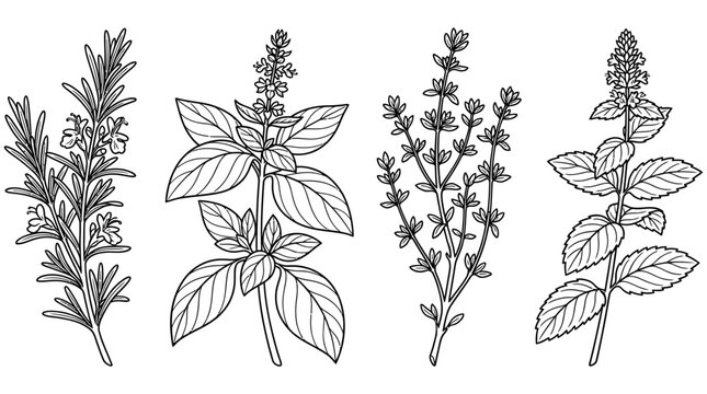 Set of four hand drawn botanical kitchen herbs in black with rendered clean line