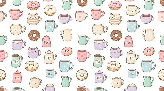 Seamless pattern of hand-drawn pastel tea cups, cat mugs, donuts, and teapots on a white background coffee