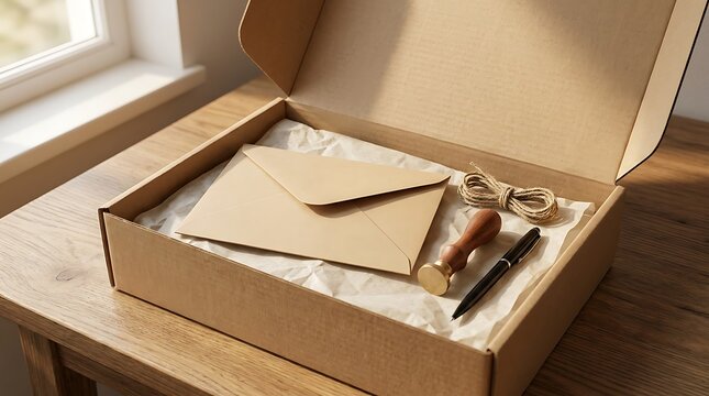 A7 envelope inside an open cardboard shipping box with tissue paper and a wax seal stamp on a wooden table.