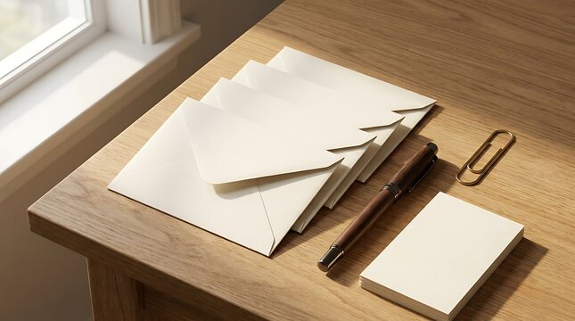 A neat stack of blank a7 envelope items with a pen and paper on a clean wooden desk surface.