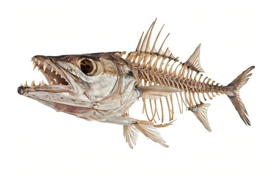 Barracuda fish skeleton showing sharp teeth and detailed bone structure