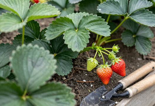 Organic gardening and sustainable food production, fresh strawberries growing in a home vegetable garden with a small hand trowel in the soil
