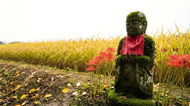 Japanese Jizo Statue with Red Spider Lily on Autumnal Equinox Day