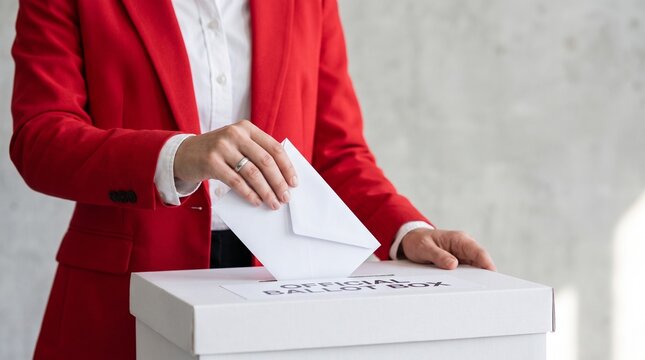 A person places a white envelope into box labeled official ballot box