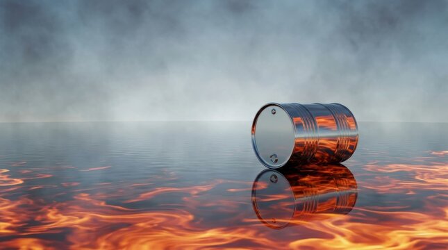 A metallic barrel floats on water reflecting orange flames and a foggy sky power