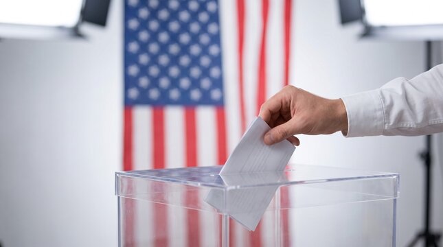Hand casting a ballot into a clear box with American flag background