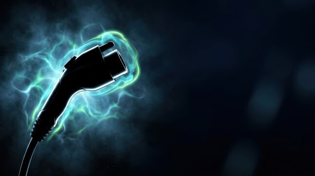 Electric vehicle charging plug with glowing blue and green energy currents power
