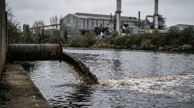 Dark sewage pours from a large pipe into a murky river. An industrial factory stands in the background under an overcast sky.