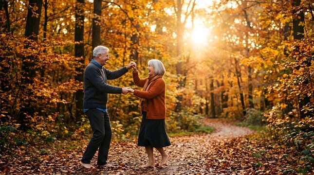 Senior couple dancing barefoot in an autumn forest at golden hour
