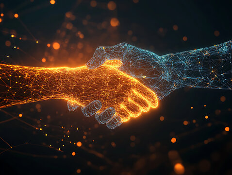 Digital wireframe handshake between orange and blue holographic hands representing human and machine partnership.