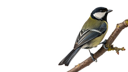 Small great tit bird perching on branch isolated on transparent background. © Gabriel