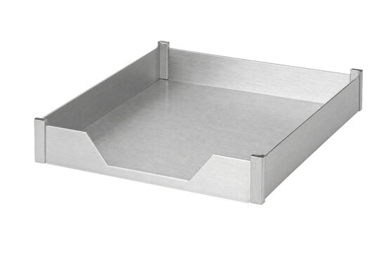 Empty silver brushed metal inbox tray with a sleek modern design, isolated on a clean white background