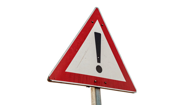 Blank triangular red and white traffic warning sign isolated on transparent background.