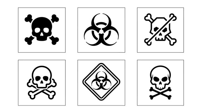 Toxic skull and biohazard vector icons set for poison, danger, and safety warning signs