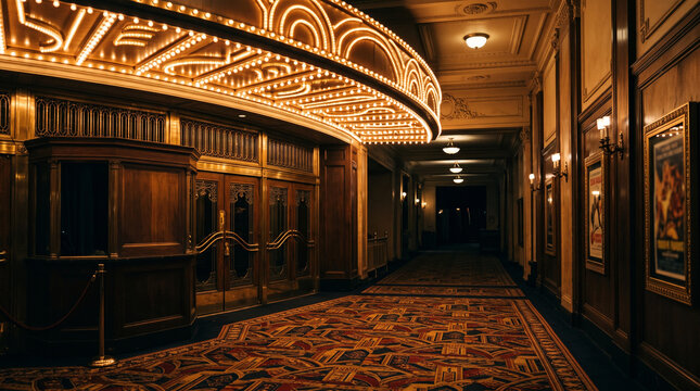 vintage movie theater entrance with glowing marquee and carpet