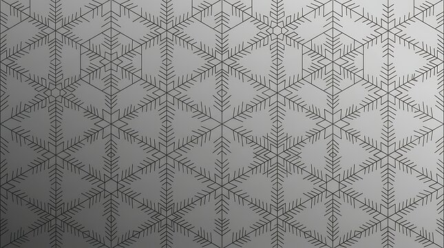 Seamless geometric snowflake pattern featuring intricate lines on grey background.