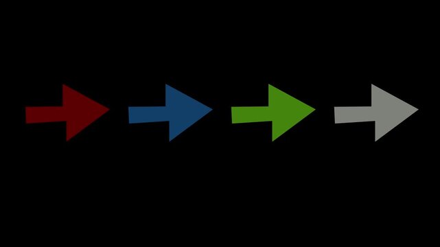 Colorful animated arrows pointing right set on black background, for motion direction