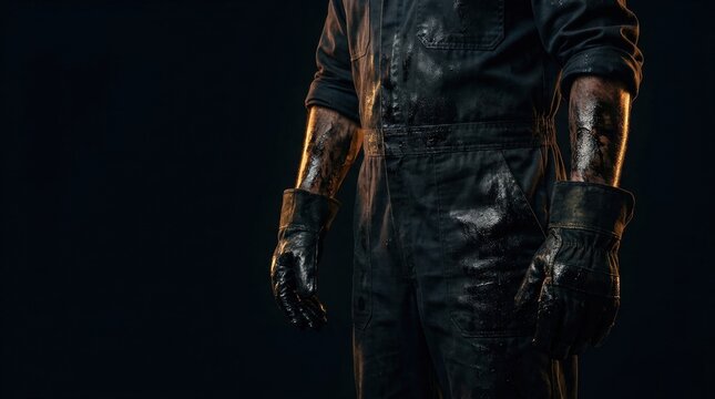 Person wearing dirty overalls and gloves with oily skin texture power energy grime