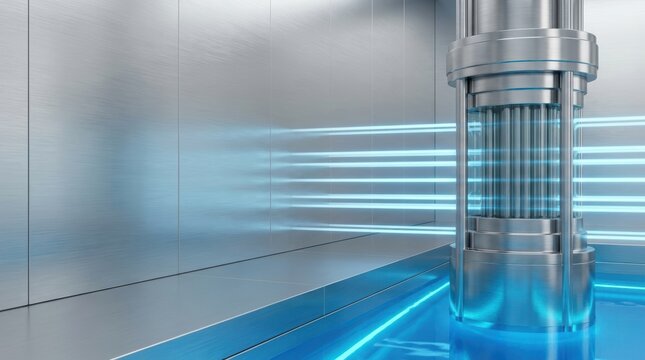 A close up of a nuclear reactor core submerged in blue glowing water within a futuristic facility