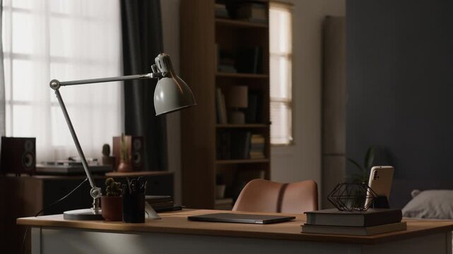 Empty home office desk setup with closed laptop, smartphone, and stationery appearing during camera pan. Clip suitable for remote work, hybrid job, and e-learning campaigns