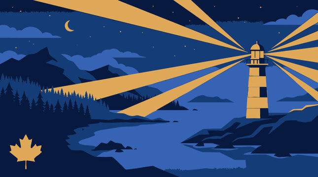 British Columbia Day illustration featuring a coastal lighthouse at night with light beams, crescent moon, and maple leaf symbol in a flat vector landscape style.