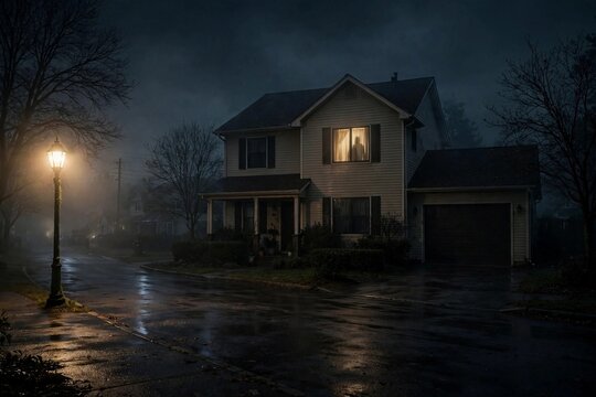 Ordinary suburban house at night with one lit upstairs window, empty street, cold streetlamp glow