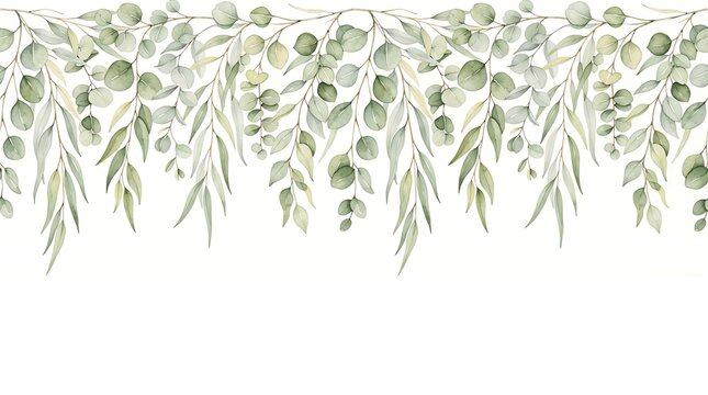 Watercolor eucalyptus foliage border, hanging green leaves and round silver dollar eucalyptus branches on a white background