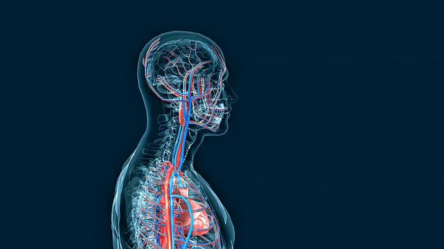 Medical illustration of the human circulatory system showing the heart, blood vessels, and blood flow.