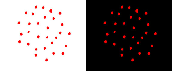 Minimalist red polka dot pattern on white and black background, hand drawn circular dots, abstract artistic spot texture for textile and graphic design © MuftiMoklesur